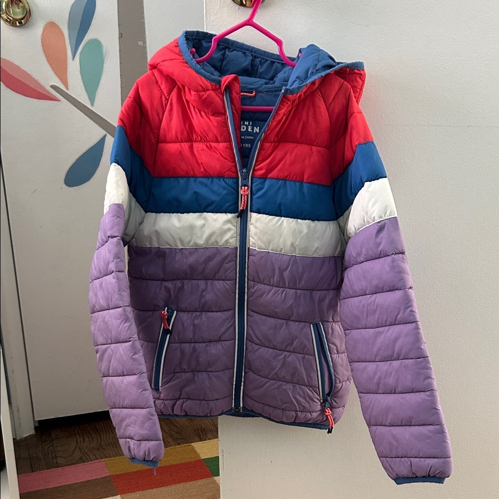Mini Boden Striped Puffer Jacket - Red, Blue, White